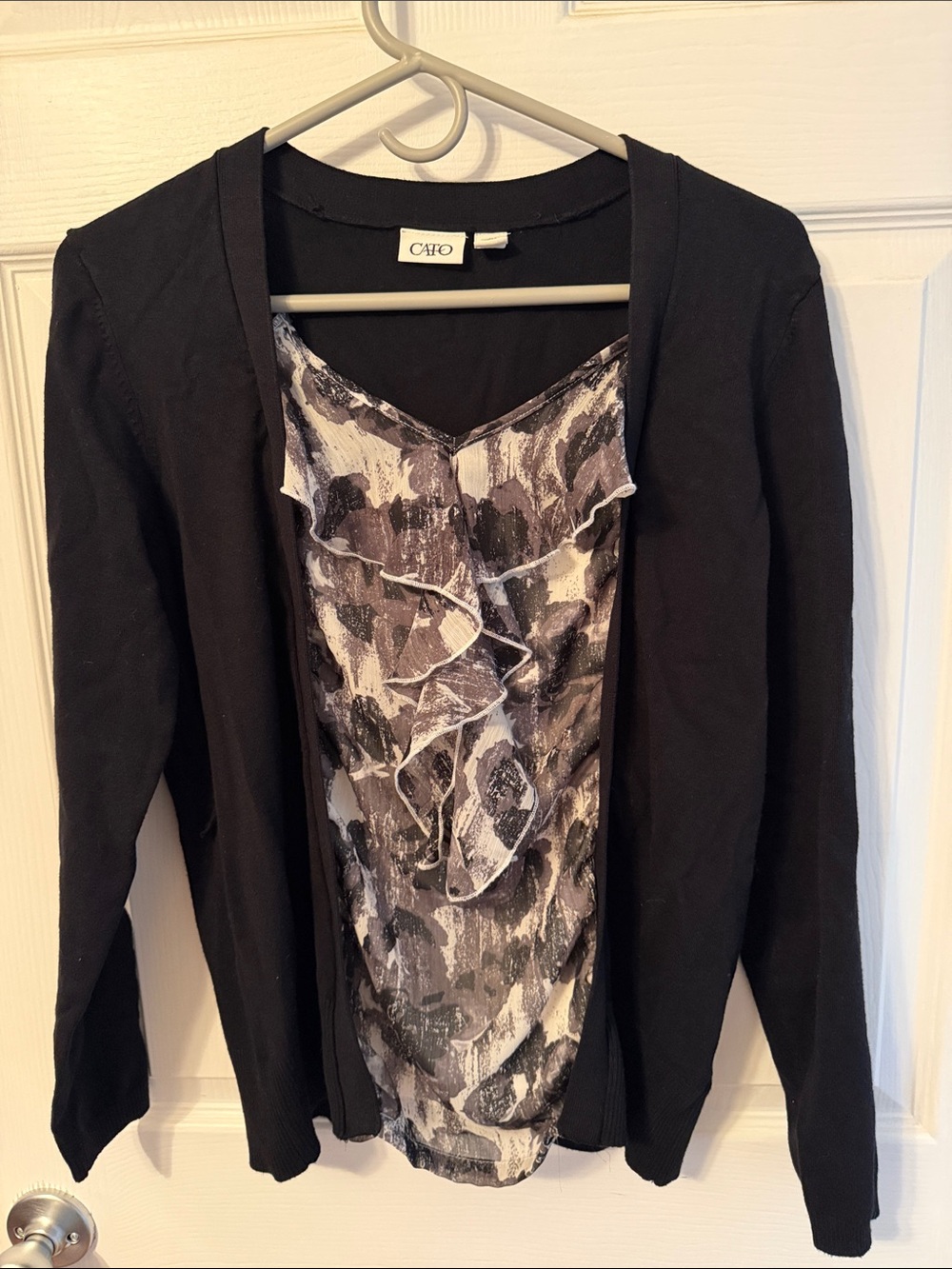 Cato Black Layered Ruffle-Front Pullover with Printed Insert